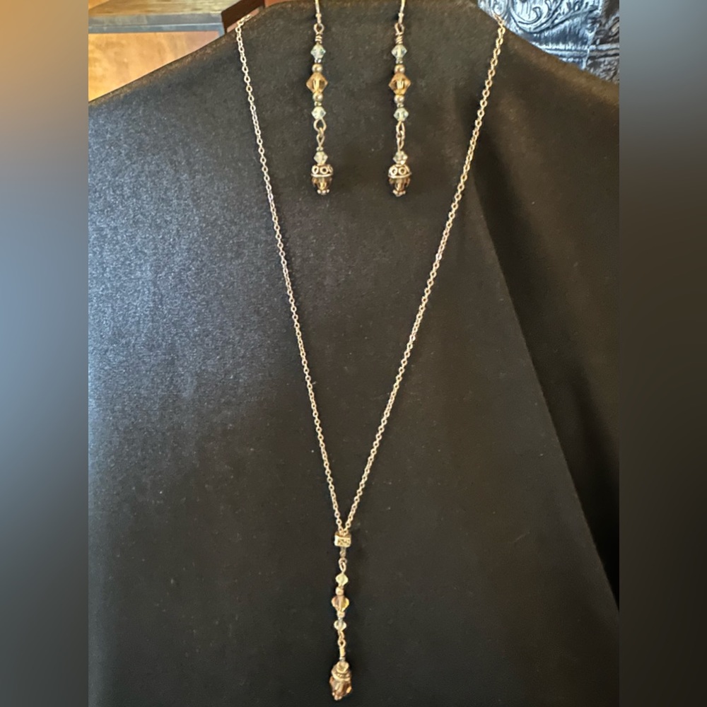 In Box! Sterling Silver Necklace-Taupe & Clear Crystals with Matching Earrings!